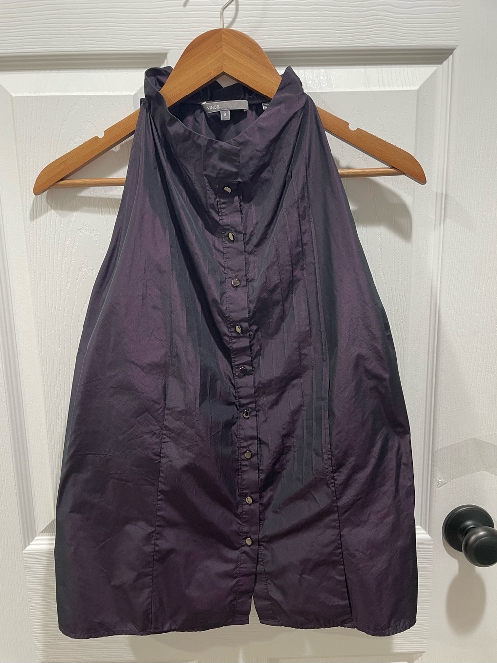Vince. Dark Purple Eggplant Iridescent Halter Neck Peplum Blouse - Size 8